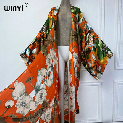 2024 WINYI Summer print Beach Wear Swim Suit elegant Africa women boho Cardigan sexy Holiday long Sleeve Kimono fashion abaya