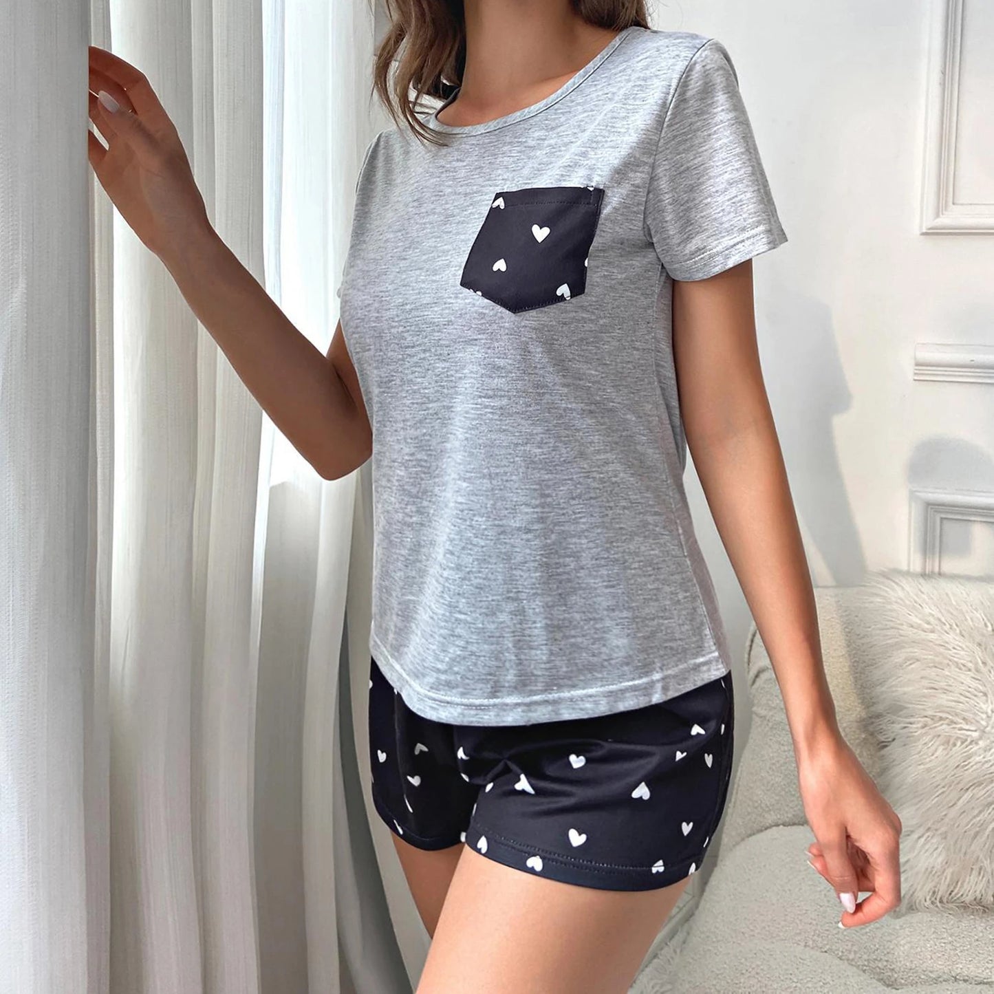 Women 2 Piece Pajamas Set Plaid/Heart Print T-Shirt and Elastic Drawstring Shorts for Loungewear Soft Sleepwear
