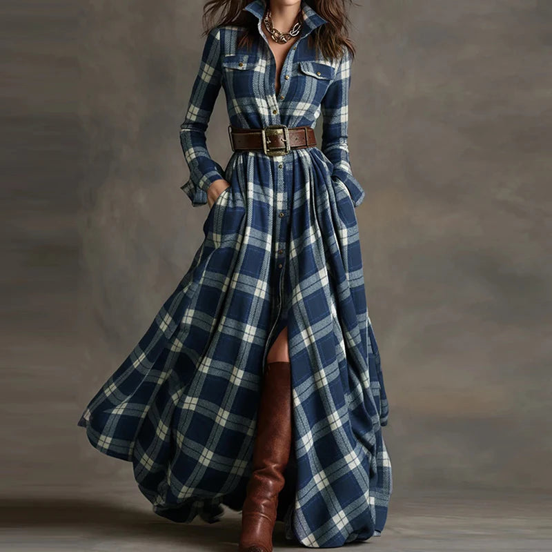 New Women's Lapel Plaid Printing Slim Fit Dress Autumn Long Sleeve Fashion Chic Party Dress with Buttons Elegant Ladies Dresses