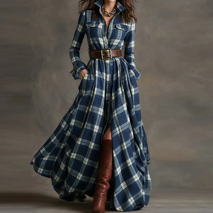 New Women's Lapel Plaid Printing Slim Fit Dress Autumn Long Sleeve Fashion Chic Party Dress with Buttons Elegant Ladies Dresses