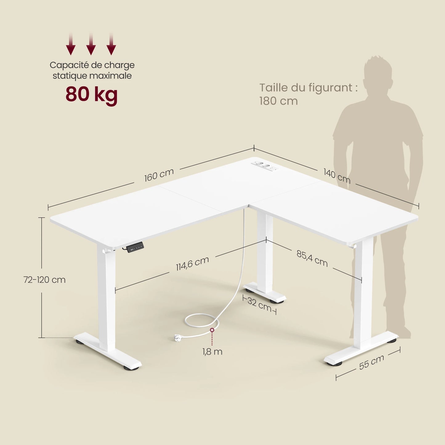 Electric Height Adjustable Desk, 140 x 160 cm, with Power Strip, 2 Height Memory Function, Cloud White/Rustic Brown