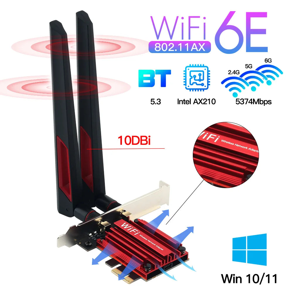 WiFi 6E 5374Mbps AX210 PCIE WIFI Adapter Wireless Bluetooth 5.3 802.11AX Network Card Powerful 10dbi Antenna For Win 10/11