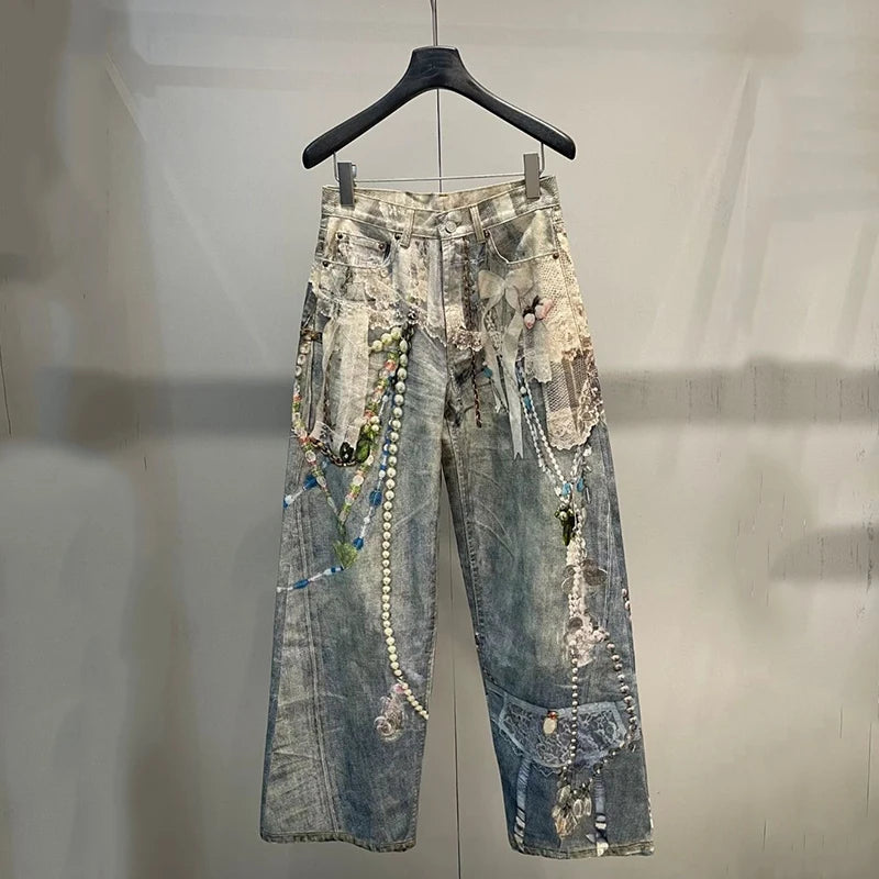 DEAT Fashionable Niche 3D Printed Lace Pearl Chain Denim Pants For Women High Waist Straight Leg Jeans Female Trendy 11A05476