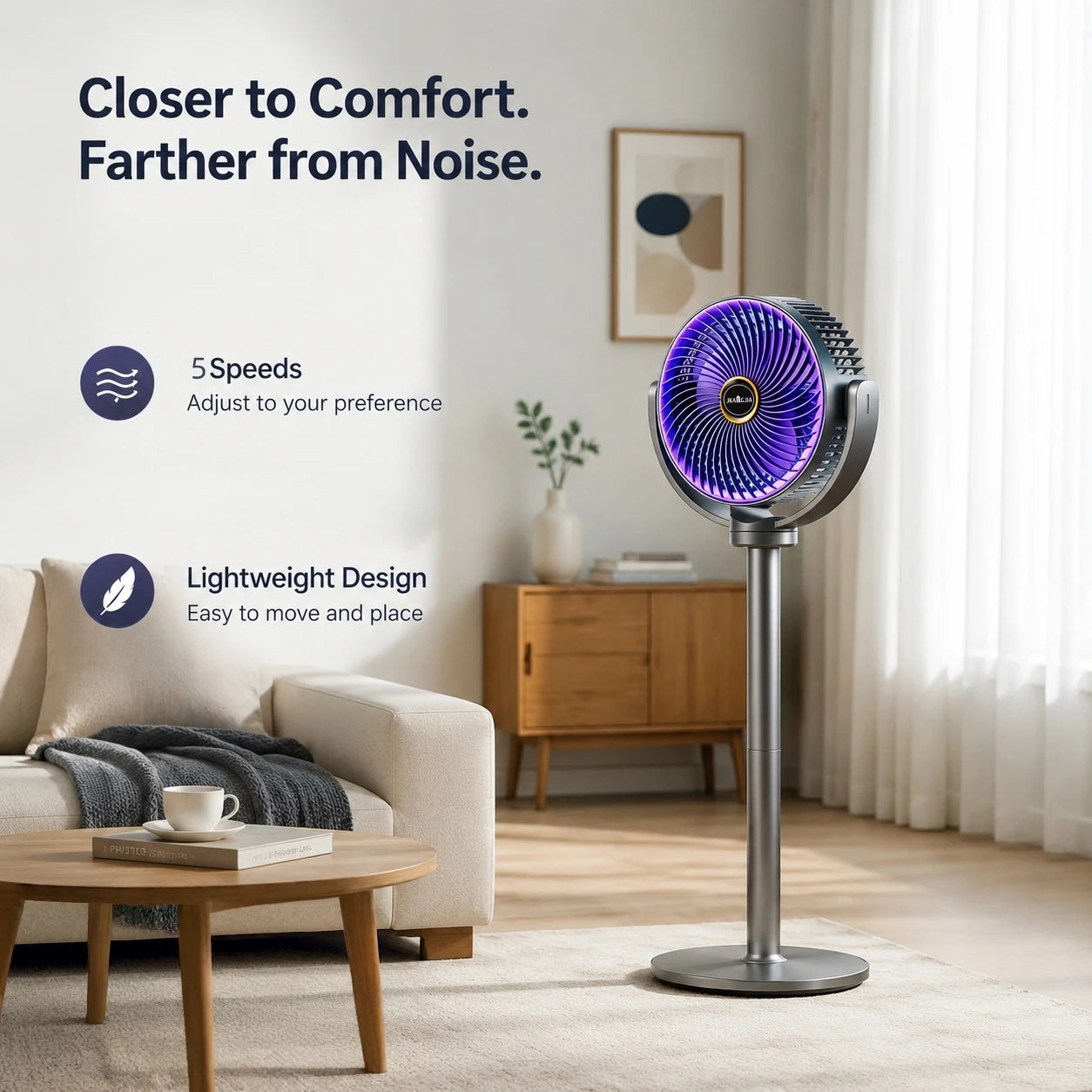 3-in-1 Modern Air Circulator Fan 5 Speeds 4 Heights Quiet Portable Pedestal Stand Fan USB-C for Home Bedroom Office RV Camping