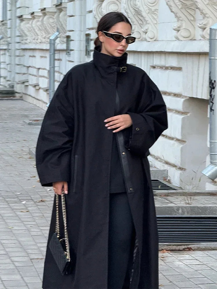 Women's Windproof Trench Coat Chic Long Sleeve Loose Fit Overcoats Stand Collar Long Jackets 2025 Lady Street Fashion Outerwears