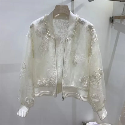 Summer Beading Embroidery Thin Jacket 2025 Women Elegant Sun Protective Clothing High Street Baseball Uniform Short Jacket
