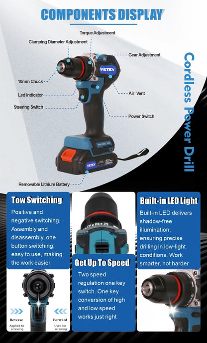 Top 3 Power Tools Combo: 21V Brushless Drill, Impact Wrench, Angle Grinder With Fast Charging Durable 2000mAh Battery Tool Kit