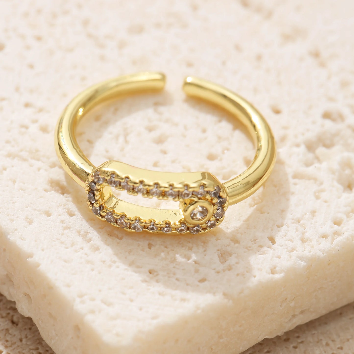 Golden Plated Open Adjustable Ring with Synthetic Zircon Paperclip Charm for Women Minimalist Trendy Statement Jewelry Gift