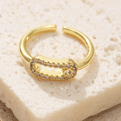 Golden Plated Open Adjustable Ring with Synthetic Zircon Paperclip Charm for Women Minimalist Trendy Statement Jewelry Gift