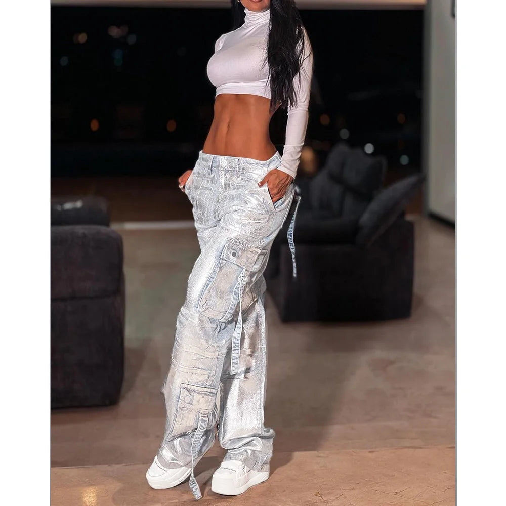 Y2K Streetwear Metallic High Waist Zipper Detail Patched Pants Flap Pocket Hip Hop Cargo Jogger Pants Daily Comfy Trousers