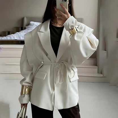 Temperament Commuter Women's Suit Coat 2025 Spring Autumn New Casual Solid Color Fashion Waist Strap Shoulder Cushion Suit Coat