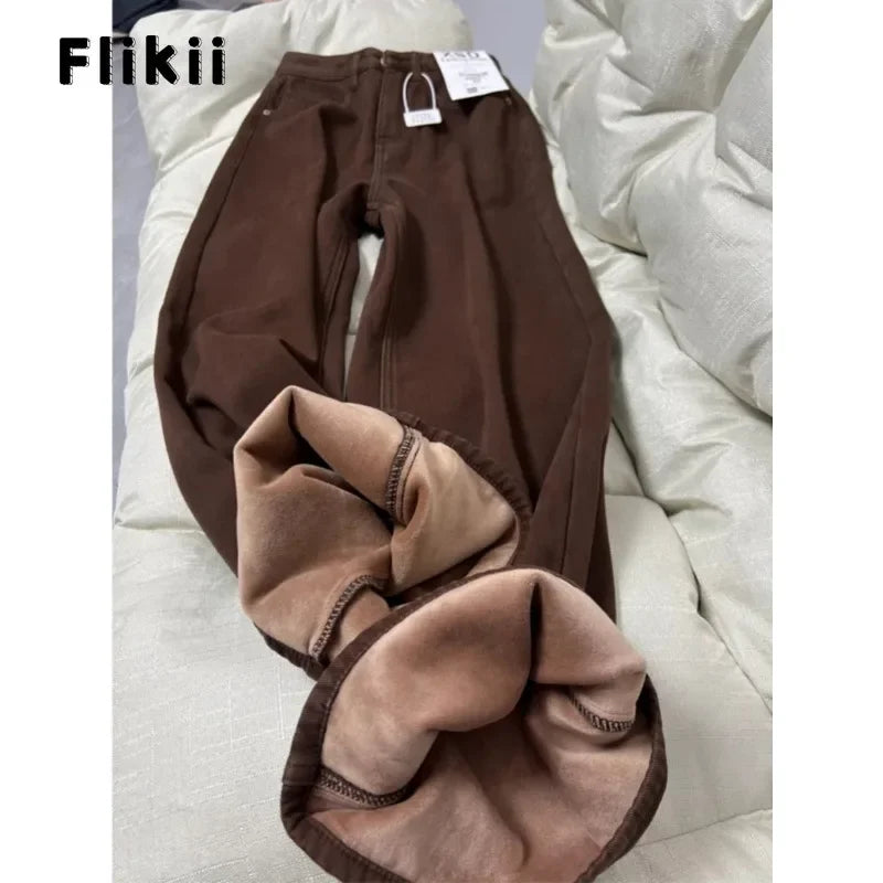 Women Casual Retro Wide Leg Fleece Thicken Denim Trouser Harajuku Loose Jeans 2025 Winter Solid High Waist Y2K 2000s Brown Pants