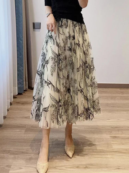 Women Flocking Flower Tulle Gauze Skirt Elegant Sweet Elastic Waist Midi Floral Mesh Skirt For All Season