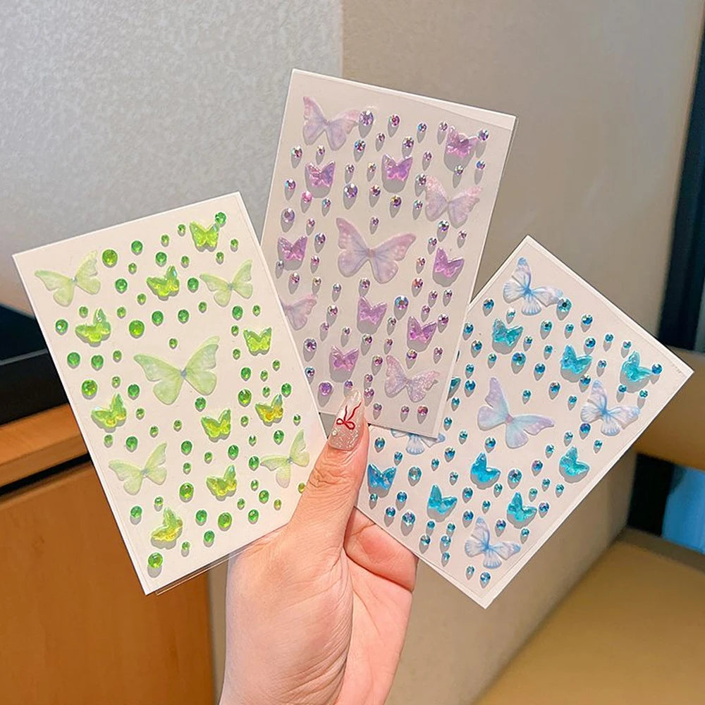 1/3/5 Sheets Kawaii Children's Butterfly Face Stickers Self-adhesive Pink/Green Elf Rhinestone Resin Butterfly Decals For Makeup