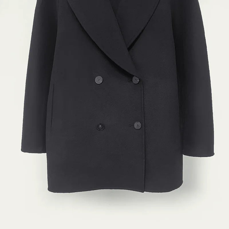 Naizaiga 90% WOOL 10% CASHMERE  Loose double-breasted tweed coat fall  winter classic wool blend black Women coat jacket  MPH1