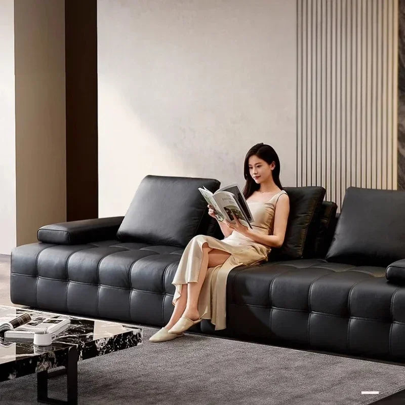 Modern Luxury 3seats Italian Minimalist Living Room Furniture Retro Lawrence Big Black Cow Leather Sofa L Shaped Lazy Minimalist