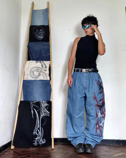 Summer Y2K Vintage Washed Floral Print Wide Leg Jeans Women High Waist Baggy Boho Comfort Loose Fit Pants Daily TikTok Viral