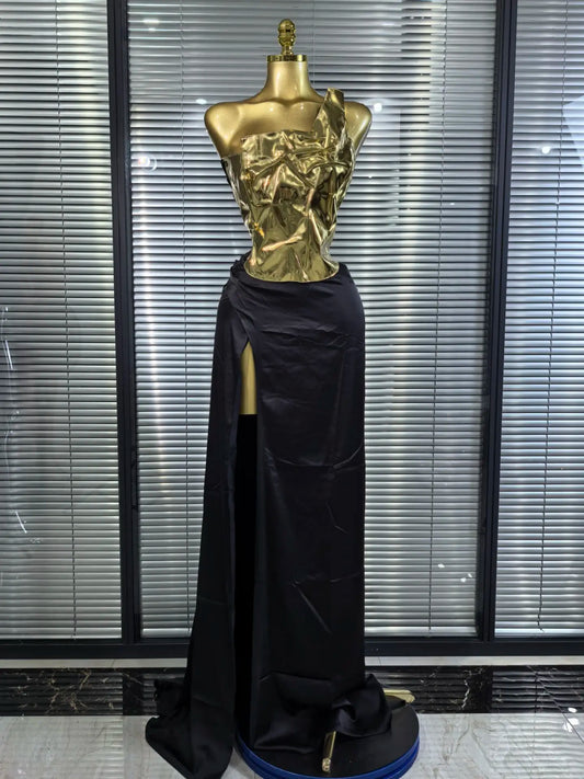 High Quality Women Sexy Strapless Golden Tops Long Skirt 2 Pieces Bodycon Dress Nightclub Party Celebrate Birthday Outfit