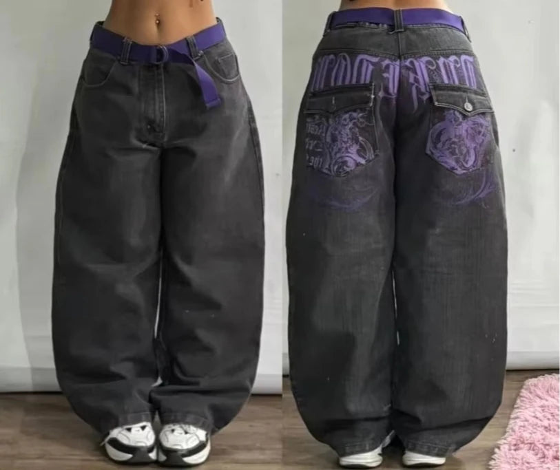 American Y2K Street Color Stitching Washed Jeans Female Y2K Harajuku Hip Hop Popular Baggy Slim Spice Girl Wide-leg Mop Pants