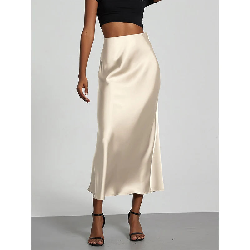 Fashion Satin Party Long Skirt High Waist Solid Color Casual Basic Women Skirts Fishtail Skirt Chic Summer Woman Clothing 2025