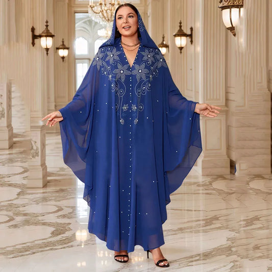 Middle East African Dresses for Woman Luxury Diamond Bead Muslim Long Robe Veiled Women Wearing Hooded Cloak Bat Sleeve Dress