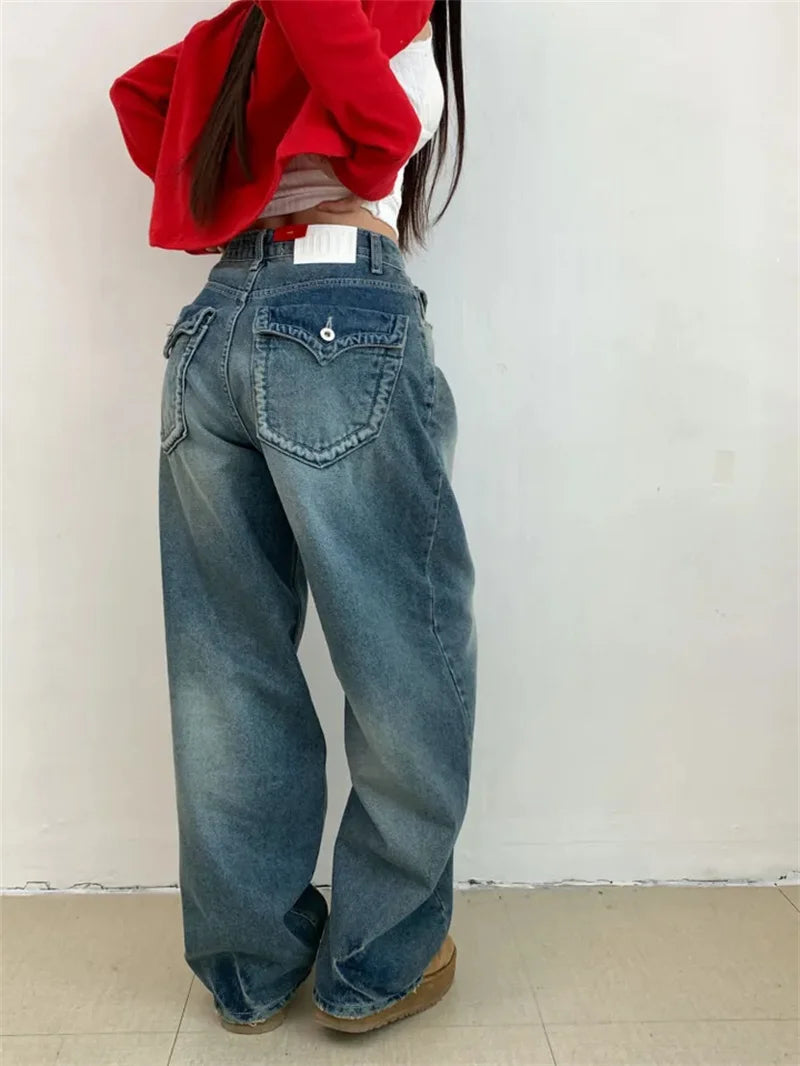 Retro Hong Kong Sle Women's Denim Jeans with ket Design Loose Wide Leg Pants Faionable Casual Long Trousers