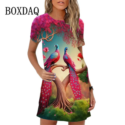 Sweet Cute 3D Print Women Dresses 2023 New Summer Short Sleeve Peacock Pattern Loose A-Line Dress Loose Casual Beach Party Dress