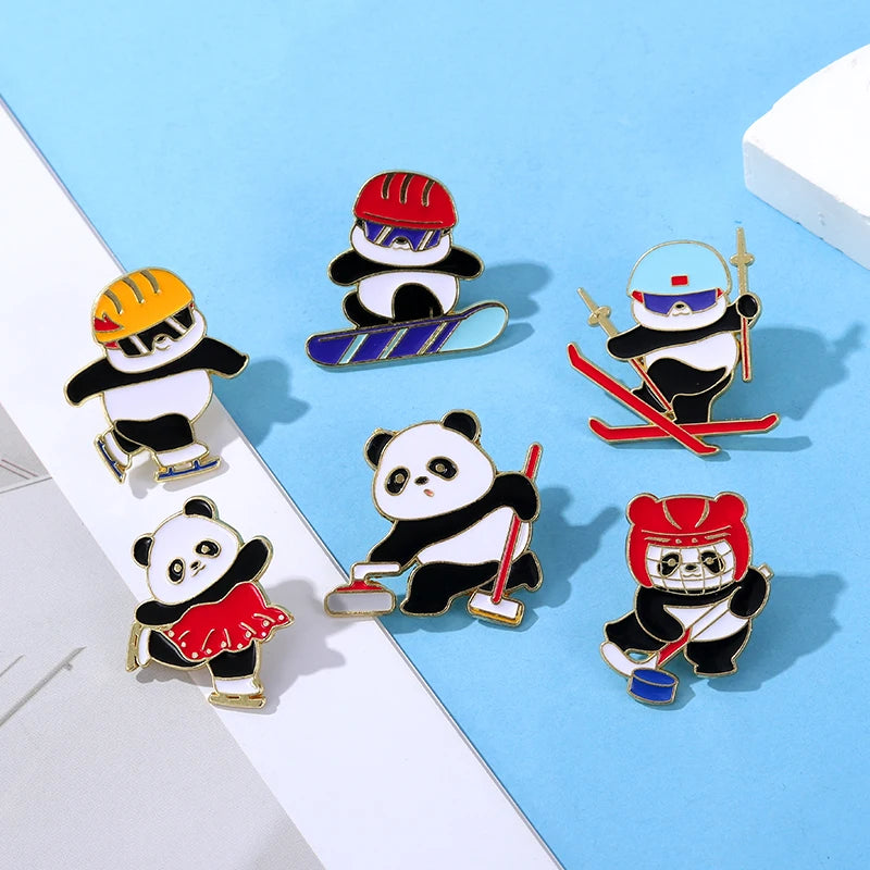 6 Styles Funny Winter Sports Panda Design Enamel Brooches Cartoon Animal Playing Skiing Fancy Speed Skating Curling Golden Pins