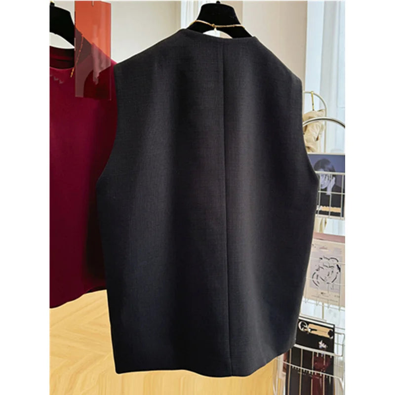 2025 New Korean Suit Vest Jacket Spring Autumn Women's Sleeveless High-end Waist Slim Temperament Waistcoats Female Outwear