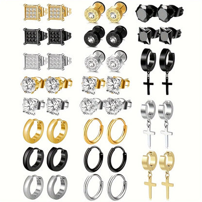 21 pairs of men's stainless steel earrings, circular CZ earrings, hypoallergenic earrings, unisex perforated earrings