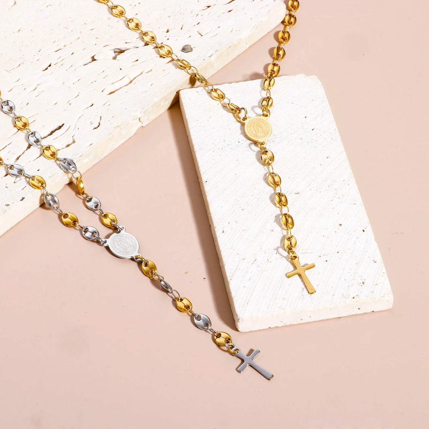 304 Stainless Steel Religious Pig Nose Chain Prayer Beads Rosary Necklace Cross Virgin Mary For Men Women 50cm(19 5/8") long