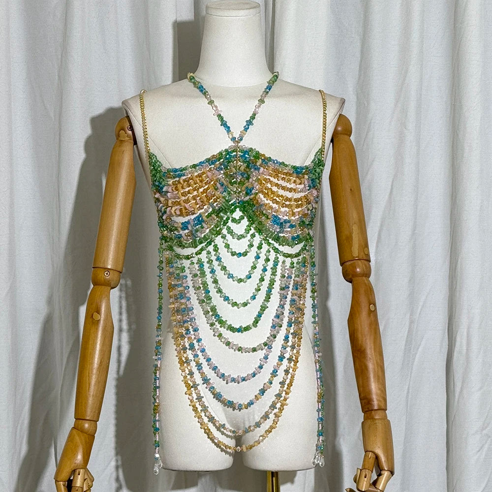 2025 New Women's Necklace Beaded Vest Hollow Out Top Jewelry Exaggerated Pearls Neck Bra Fashion Bra Women's Club Carnival