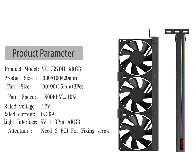 TEUCER VC-C270H Computer Graphics Card Bracket ARGB 5V 3Pin Addressable Headers GPU Silent Cooling Fan for Most Graphics Cards