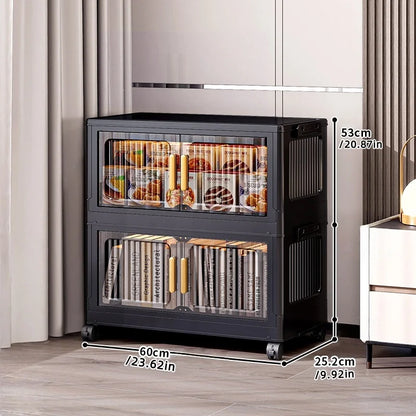 Foldable Clear Double-Door Storage Cabinet Large Space-Saving Mobile Organizer Dustproof Moisture-Proof for Kitchen Living Room