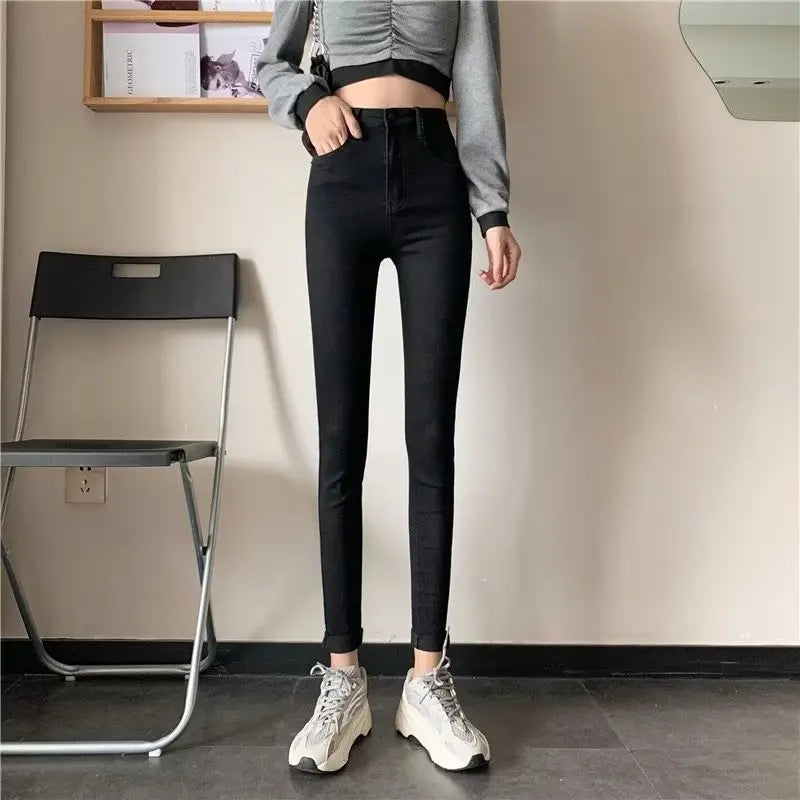 Thiened Fce High Waist Women's Jeans Elastic Stretchy Long Pants Winter Wear High Waist Cotton Stretch Denim Trousers