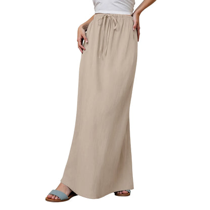 Women Summer Cotton Linen A Line Skirts Elastic Waist Drawstring Comfy Trendy Long Skirt Boho Beach Vacation Long Skirt