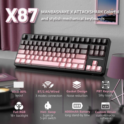 Attack Shark X87 Wireless Mechanical Keyboard, Hot Swappable Gasket Gaming Keyboard RGB Backlit Gaming Keyboard,BT/2.4GHz/USB-C
