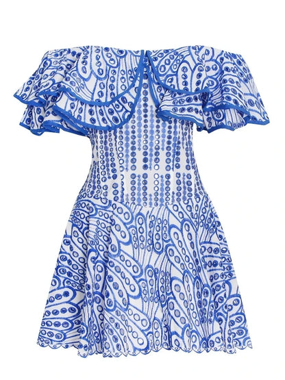 TWOTWINSTYLE Cut Out Mini Dress For Women Slash Neck Short Sleeve High Waist Solid Minimalist Dresses Female Summer Clothing New