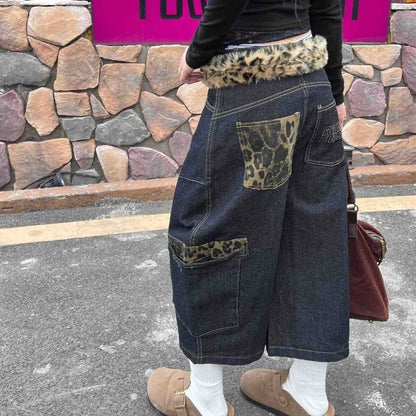 New Y2k European and American Hip-hop Leopard Print Patchwork Jeans for Women Large Pocket Straight Wide Leg Loose Cropped Pants