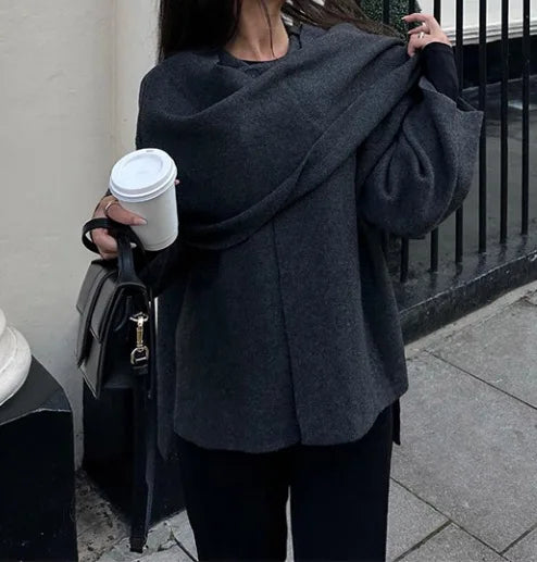 2025 Winter Female Scarf Coat Long Sleeve Knitted Asymmetric Jackets For Women Streetwear Causal Women Coats