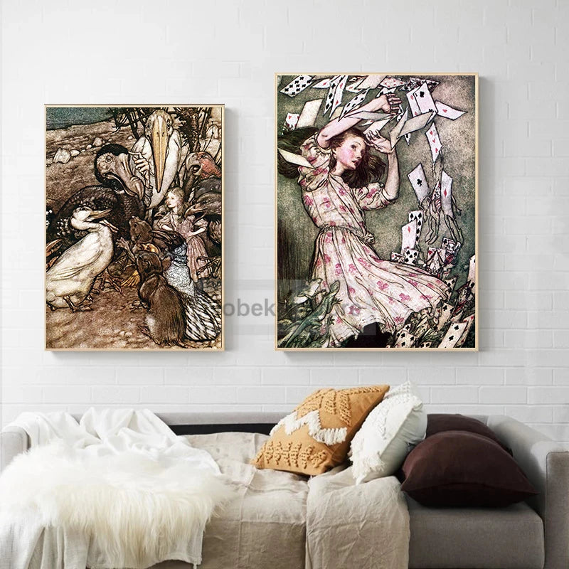 Canvas Painting Wall Art Pictures Home Room Decor Arthur Rackham Artwork Alice in Wonderland Mad Hatter Red Queen Poster Prints