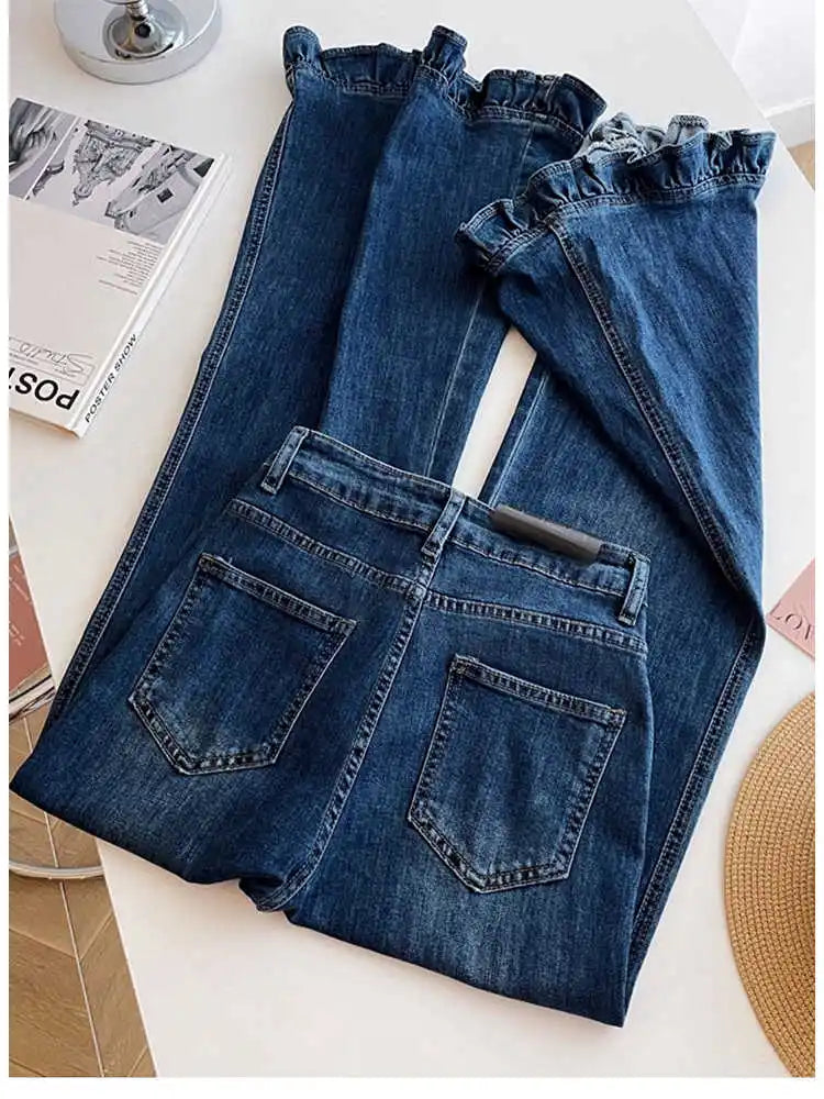 2025 Autumn Winter Women Korean Shoujo Flare Denim Pants Ruffle Blue Vintage High Street 2000s Jeans Y2k Kpop Bell Bottom Design