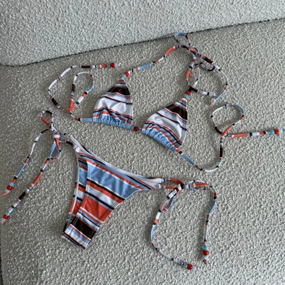 2025 Halter Bikinis Women Swimsuit New Sexy Swimwear Stripe Print Brazilian Bikini Set Micro Biquini Female Cute Beachwear