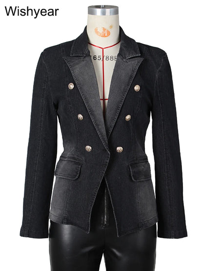 Fashion Notched Collar Long Sleeve Double Breasted Denim Coats for Women Slim Jeans Jacket Casual Streetwear Female Blazer Tops
