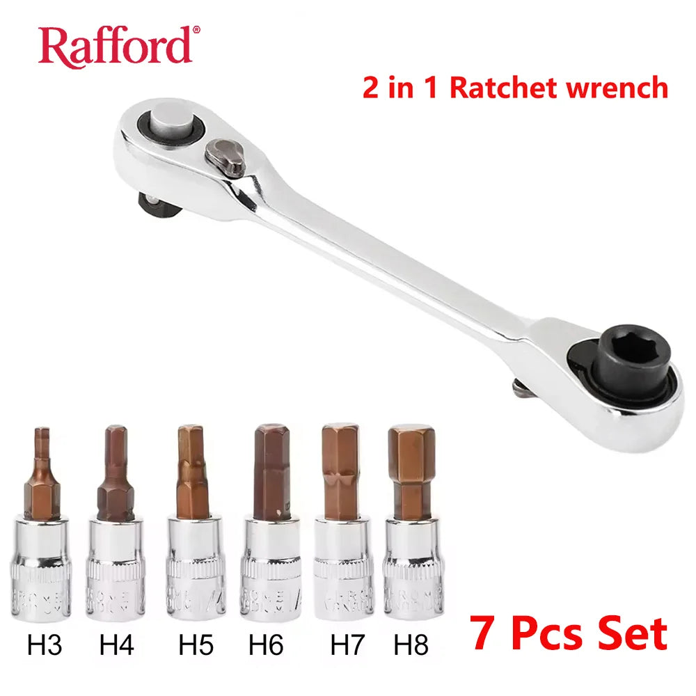 Rafford Mini Treble 1/4 Ratchet Wrench Double Ended Quick Socket Ratchet Wrench Screwdriver Hex Torque Wrenches Set 2in1 Spanner