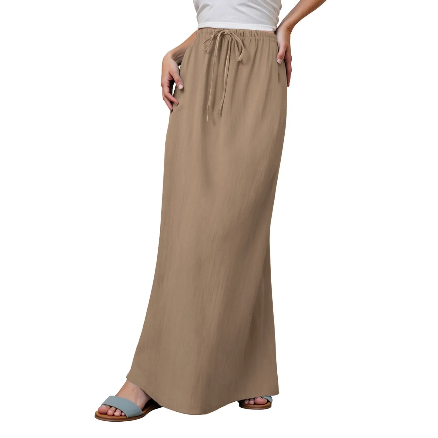 Women Summer Cotton Linen A Line Skirts Elastic Waist Drawstring Comfy Trendy Long Skirt Boho Beach Vacation Long Skirt
