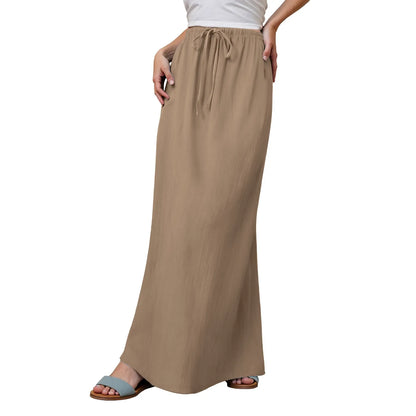Women Summer Cotton Linen A Line Skirts Elastic Waist Drawstring Comfy Trendy Long Skirt Boho Beach Vacation Long Skirt