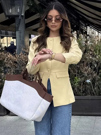 HH 2025 Elegant Women's Yellow Slim Blazer Jacket Female O-Neck Long Sleeve Single Breasted Suit Coat Lady Office Streetwear