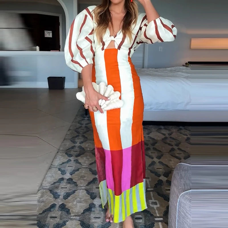 Puff Sleeves High Waist Slim Fit Women's Long Dress Vintage Side Split Holiday Dress Low Cut V Neck Pattern Printed A-line Dress