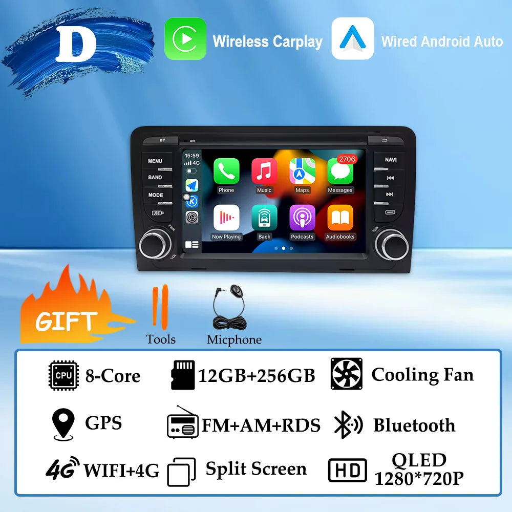 GPS Navigation 7 inch 4G Wifi Car Radio Android 16 for Audi A3 8P 2003-2011 S3 RS3 Sportback CarPlay Multimedia Player Video DSP